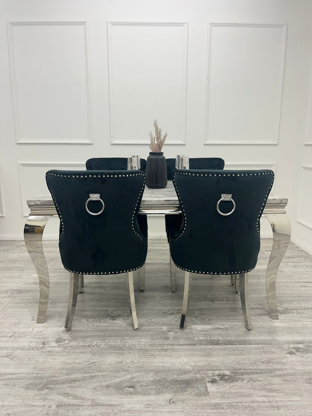 Louis 160cm Marble & Chrome Dining Table With Megan Chrome Ring Knocker Velvet Chairs