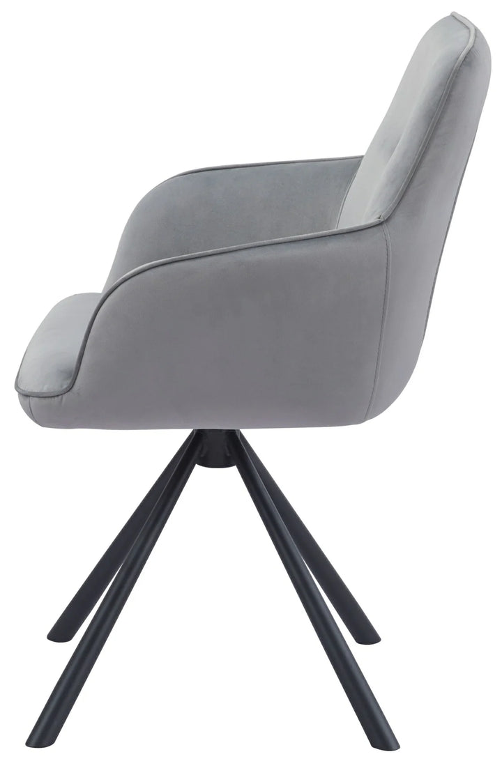 Amalia Light Grey French Velvet Swivel Dining Arm Chair With Matt Black Steel Spider Legs-Esme Furnishings