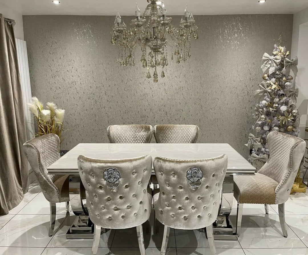 Arianna Pandora Marble & Chrome Dining Table With Valente Lion Knocker Chairs
