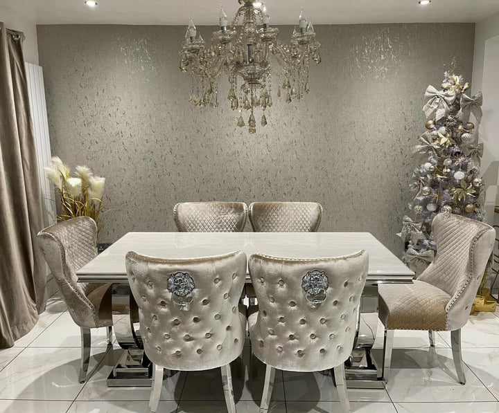 Arianna Marble & Chrome Dining Table With Valentino Lion Knocker Velvet Chairs