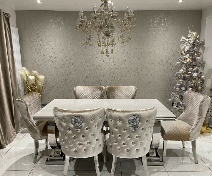Arianna Cream Marble 180CM Dining Table + Valente Champagne Lion Velvet Chairs