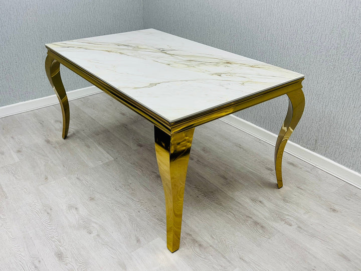 Louis Gold 150cm Ceramic Marble Cream Gold Dining Table With Shimmer Gold Lion Knocker Dining Chairs