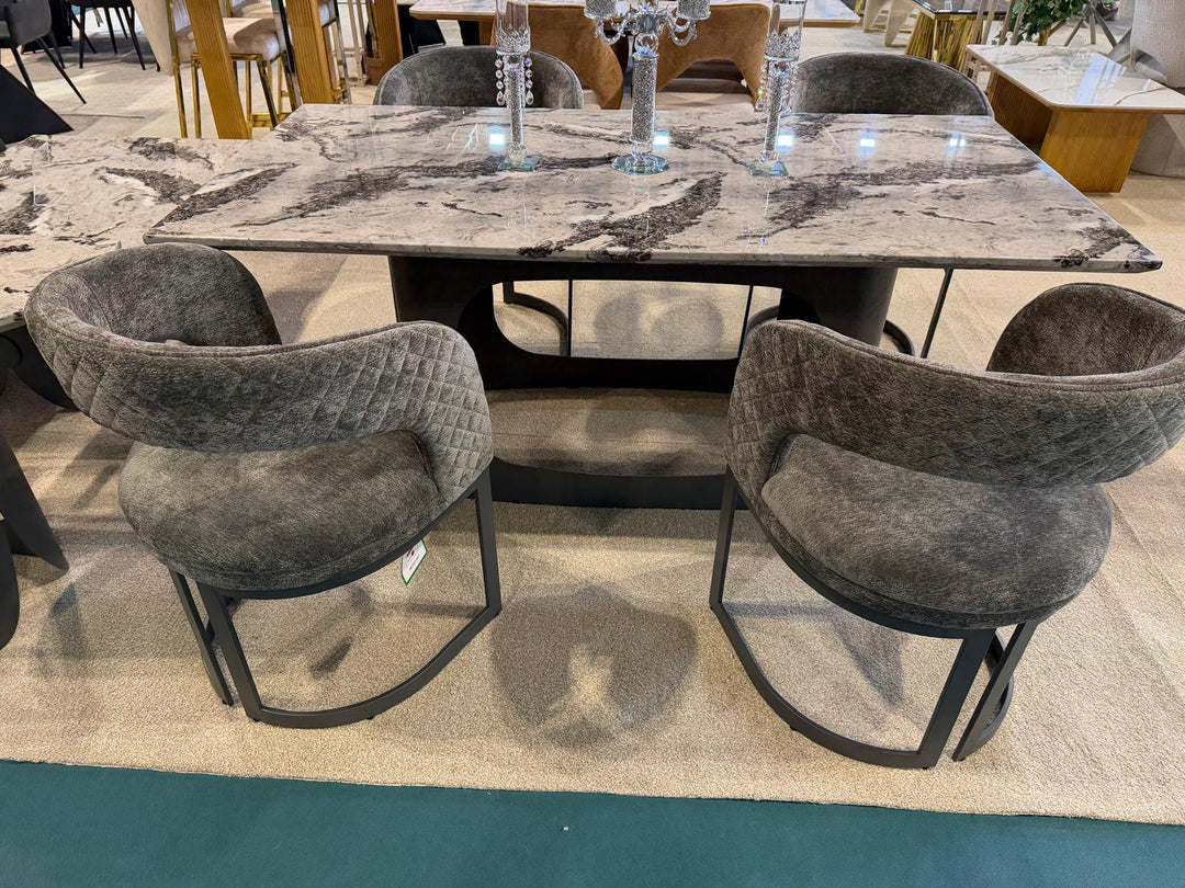 Lina Grey Marble 180cm Dining Table With Grey Velvet Dining Chairs