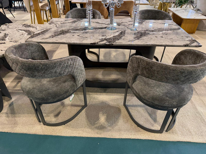 Lina Grey Marble 180cm Dining Table With Grey Velvet Dining Chairs