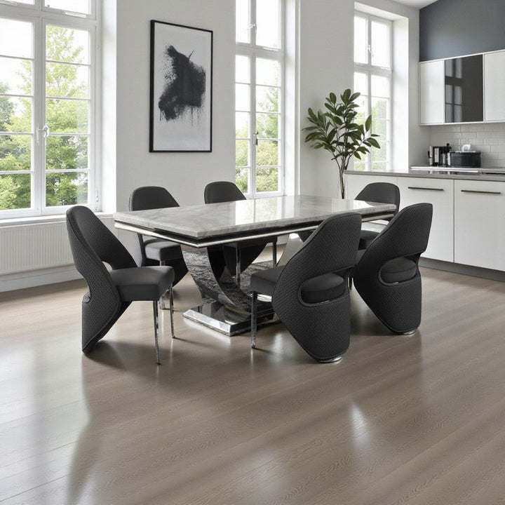 Arial Marble & Chrome Dining Table With Santos Velvet Chairs