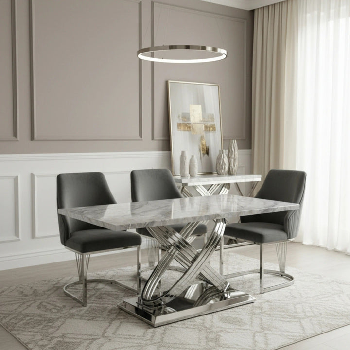 Elina 160cm Marble & Chrome Dining Table With Carlton Grey Velvet Chrome Chairs