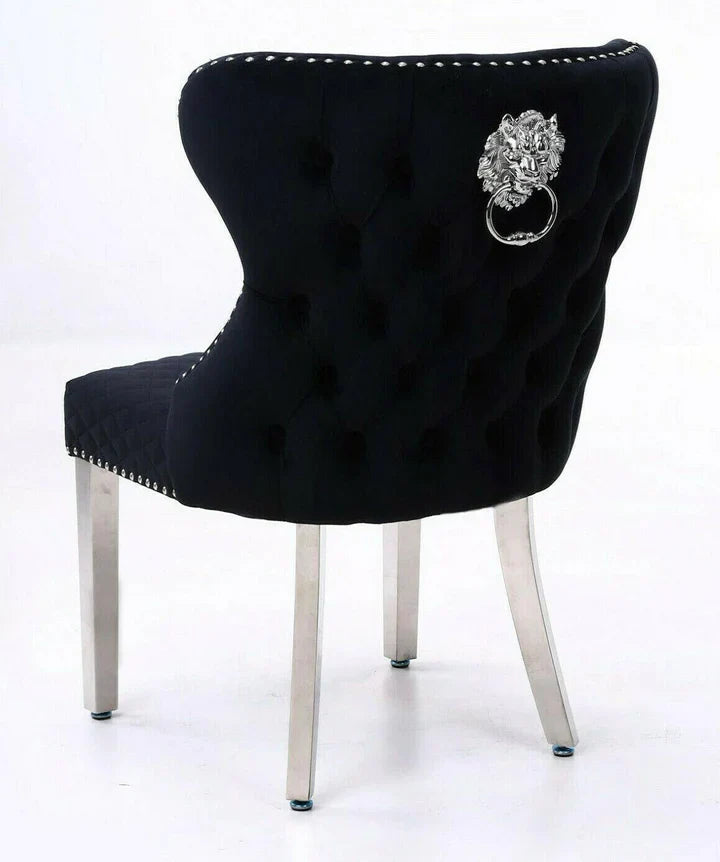 Arianna Marble & Chrome Dining Table With Valentino Lion Knocker Velvet Chairs