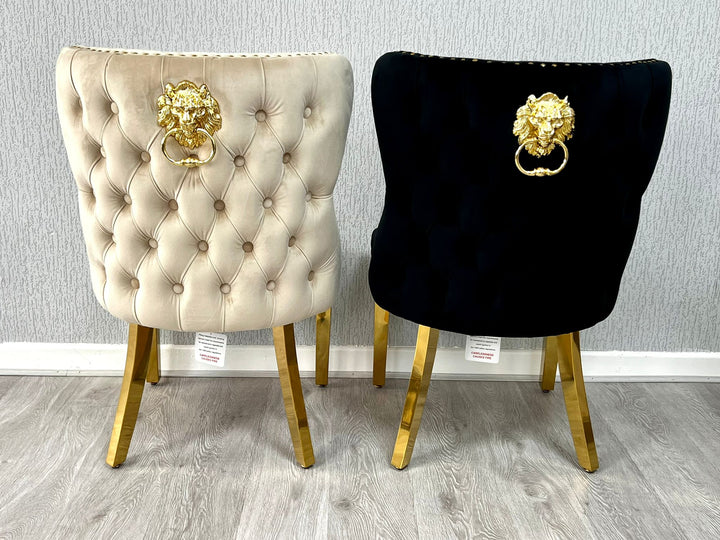 Valentino Gold Lion Knocker Plush Velvet Button Back Dining Chair Gold Legs - 2 Colours