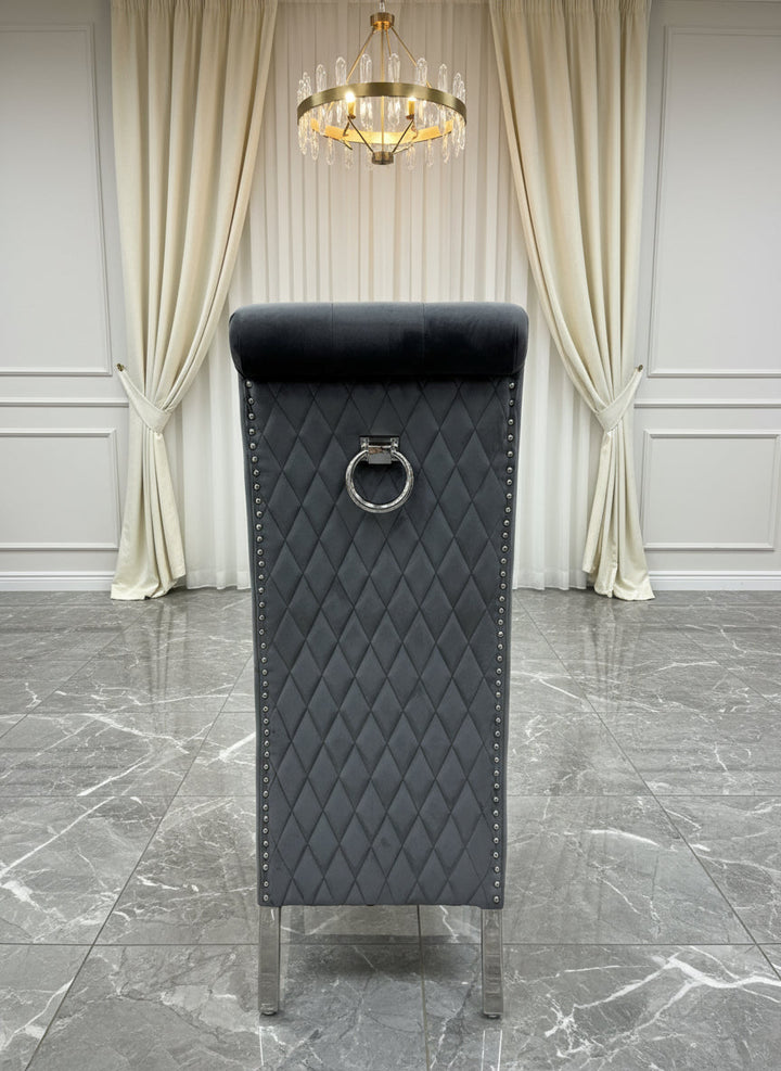 Louis Marble & Chrome Dining Table With Lucy Slim Quilted Ring Knocker Grey Velvet Chairs