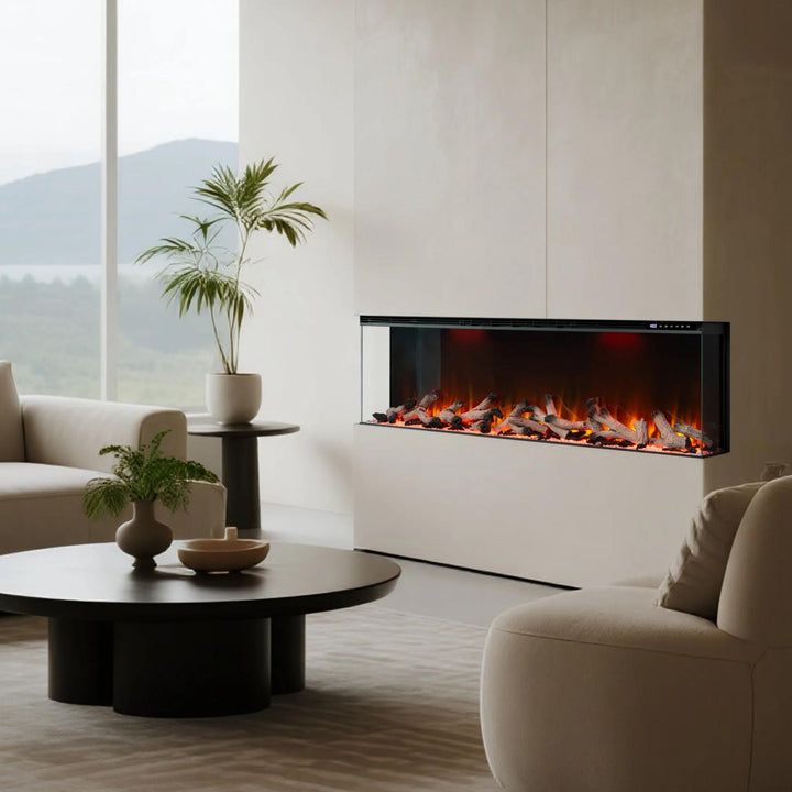 Maison 50 Inch 2025 Panoramic Smart Alexa Media Wall Fire 3 Sided Glass LED WiFi Electric UHD Fireplace