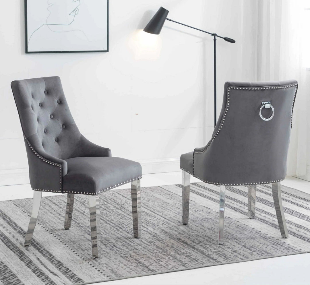 Knightsbridge Dark Grey French Velvet Knocker Back Dining Chair With Chrome Legs-Esme Furnishings