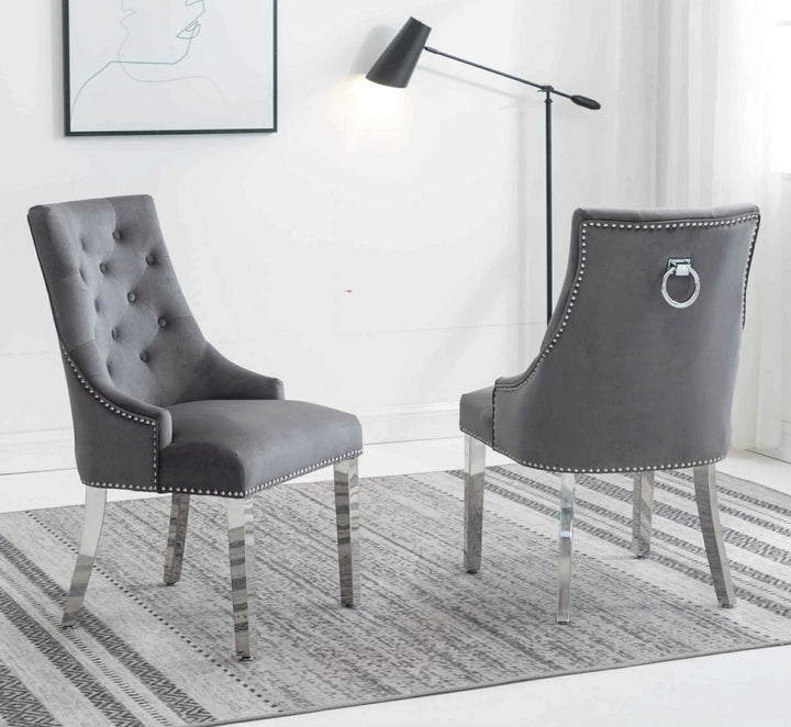 Knightsbridge Dark Grey French Velvet Knocker Back Dining Chair With Chrome Legs-Esme Furnishings