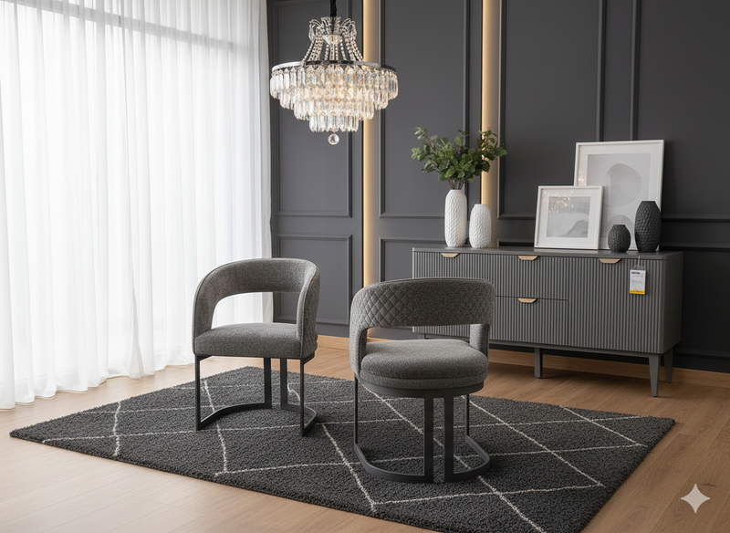 Lina Grey Marble 180cm Dining Table With Grey Velvet Dining Chairs