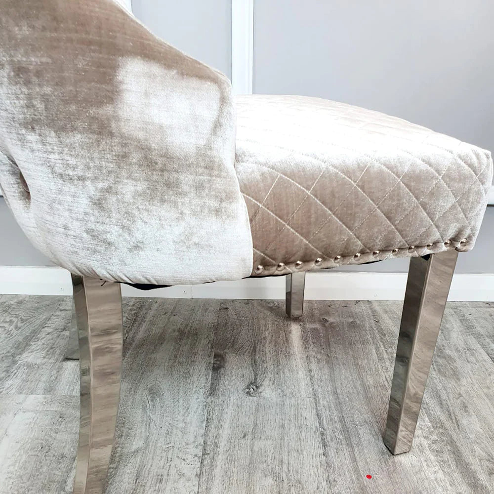 Arianna Cream Marble 180CM Dining Table + Valente Champagne Lion Velvet Chairs