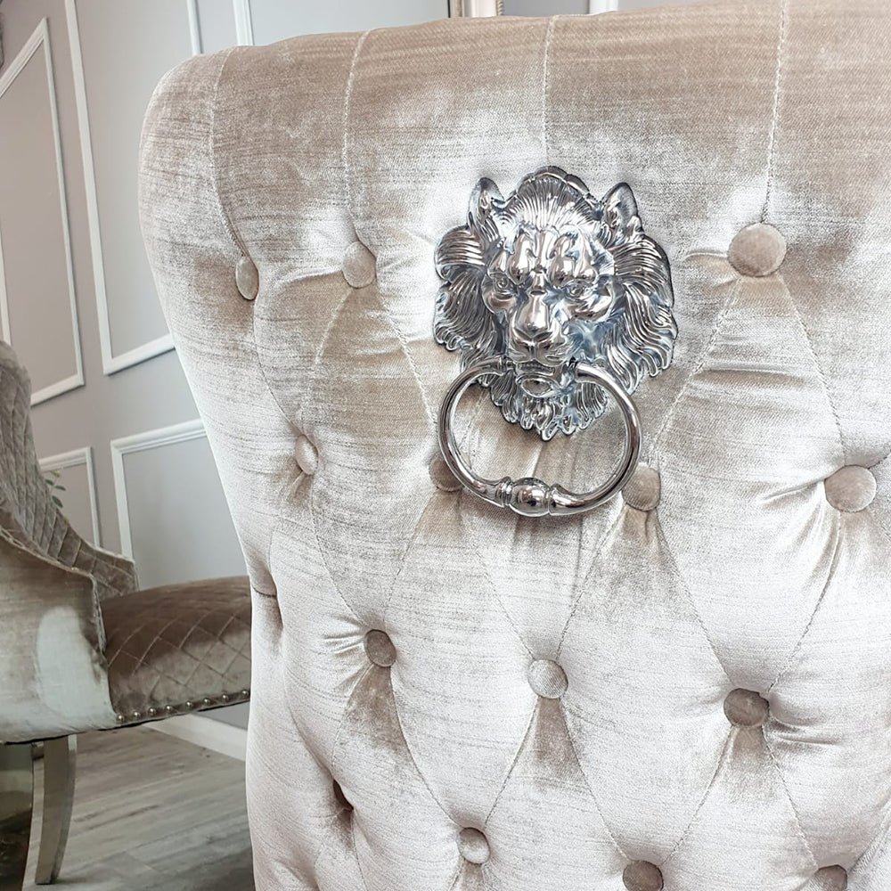 Louis Pandora Gold Chrome Marble Dining Table And Valente Shimmer Lion Dining Chairs