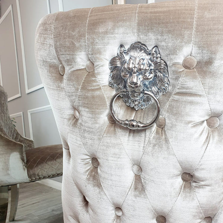 Louis Pandora Gold Chrome Marble Dining Table And Valente Shimmer Lion Dining Chairs