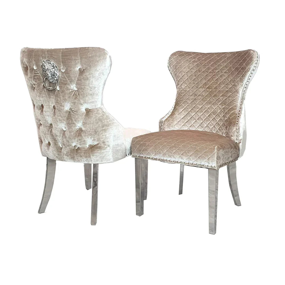 Louis Pandora Gold Chrome Marble Dining Table And Valente Shimmer Lion Dining Chairs