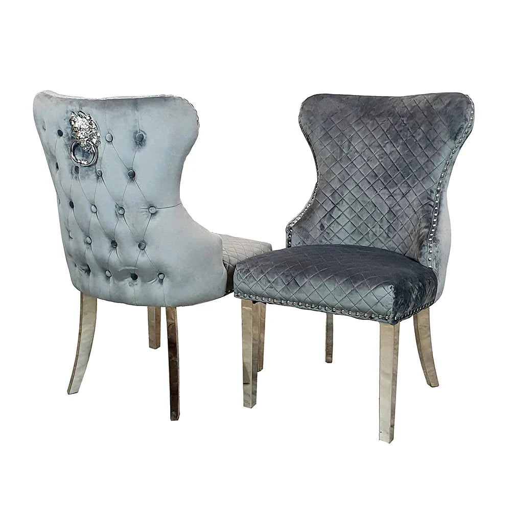 Louis Pandora Gold Chrome Marble Dining Table And Valente Shimmer Lion Dining Chairs