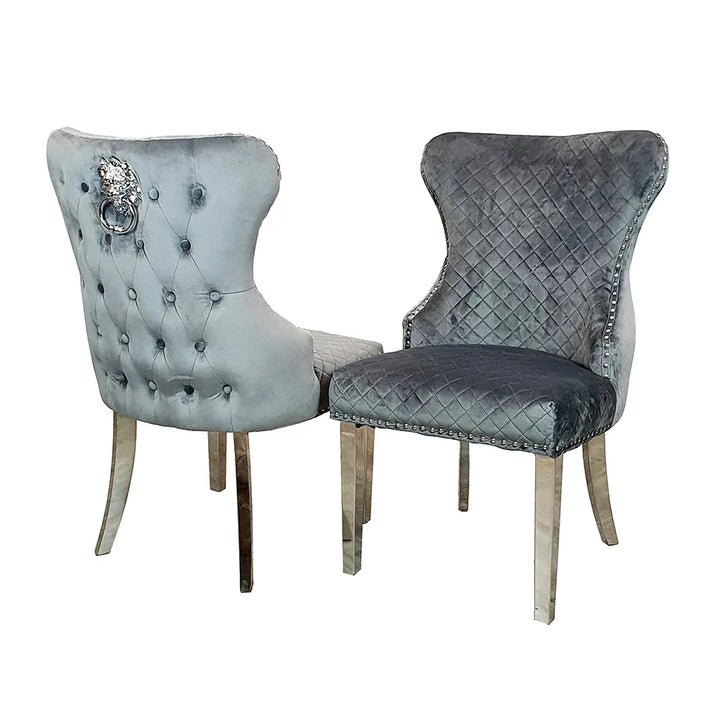 Louis Pandora Gold Chrome Marble Dining Table And Valente Shimmer Lion Dining Chairs