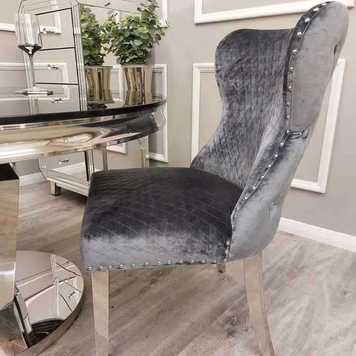 Valentino Shimmer Velvet Fabric Button Back Lion Knocker Quilted Dining Chair In 3 Colours