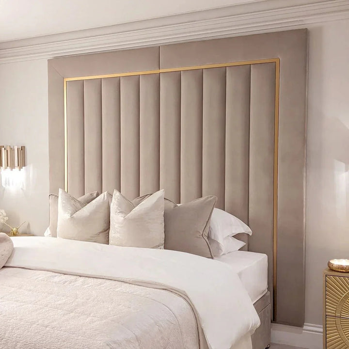 Como Cream Gold Trim Channelled Luxury Panel Bed & Base - Esme Furnishings