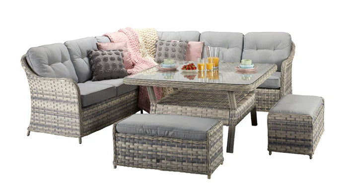 Como Garden Rattan Large Corner Sofa Dining Set in Silver Grey