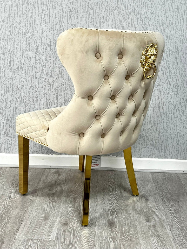 Valentino Gold Lion Knocker Plush Velvet Button Back Dining Chair Gold Legs - 2 Colours