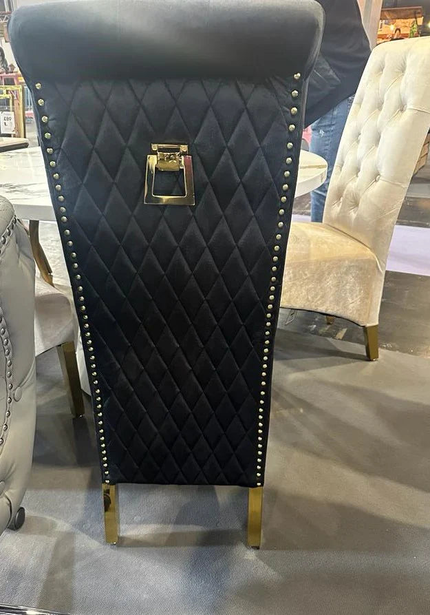 Louis Marble & Gold Dining Table With Lucy Slim Quilted Gold Ring Square Knocker Velvet Chairs