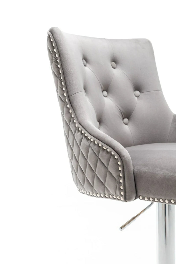 Portland, Light Grey French Velvet, Ring Knocker Quilted Back Bar Stool-Esme Furnishings