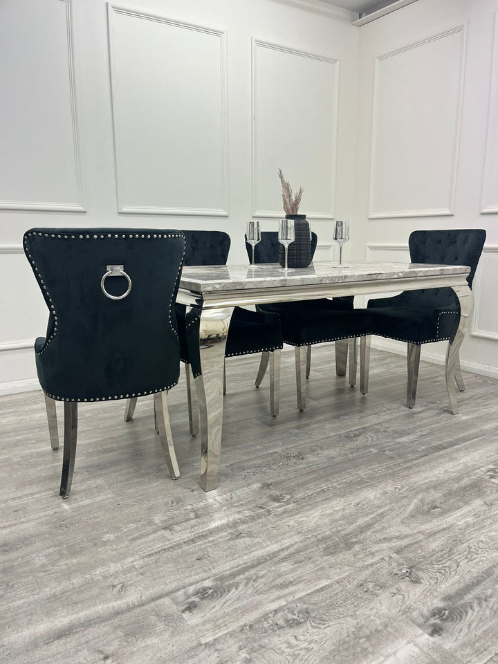 Louis Marble & Chrome Dining Table With Megan Chrome Ring Knocker Velvet Chairs