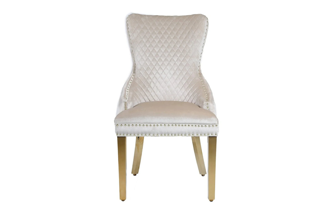 Victoria Gold Lion Knocker Quilted Tufted Plush Velvet Dining Chair Gold Legs - 3 Colours