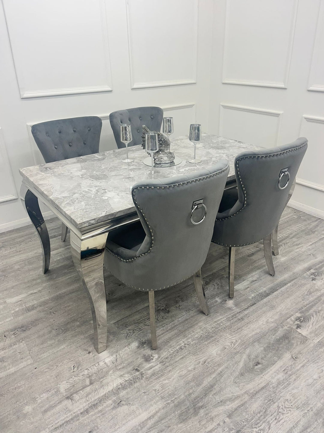 Louis 160cm Marble & Chrome Dining Table With Megan Chrome Ring Knocker Velvet Chairs