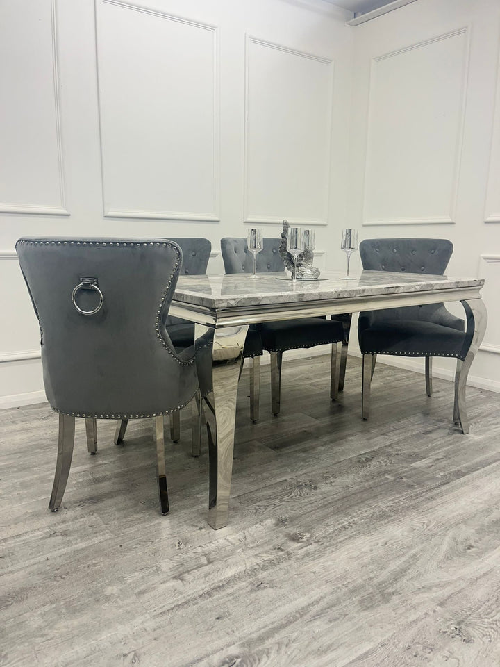 Louis Marble & Chrome Dining Table With Megan Chrome Ring Knocker Velvet Chairs