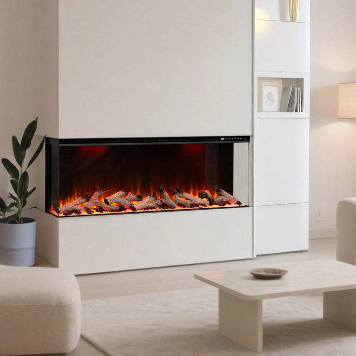 Maison 50 Inch 2025 Panoramic Smart Alexa Media Wall Fire 3 Sided Glass LED WiFi Electric UHD Fireplace