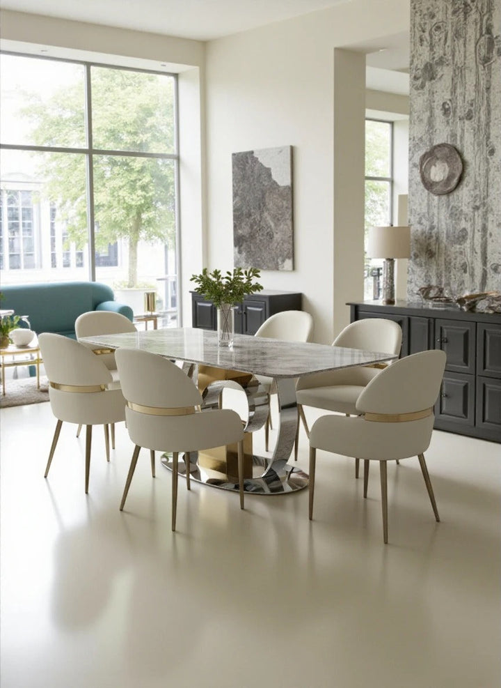 Madrid 180cm Gold Dining Table With Monarch Leather Gold Chairs