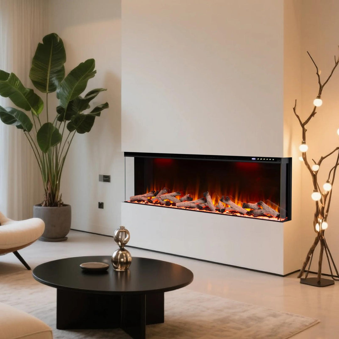 Maison 60 Inch 2025 Panoramic Smart Alexa Media Wall Fire 3 Sided Glass LED WiFi Electric UHD Fireplace