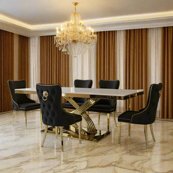 Elina 180cm Gold Dining Table With Victoria Lion Knocker Velvet Gold Chairs
