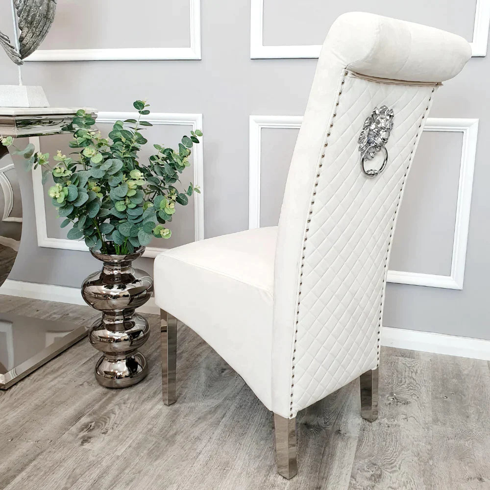 Arial 150cm Marble & Chrome Dining Table With Lucy Slim Quilted Lion Knocker Velvet Chairs