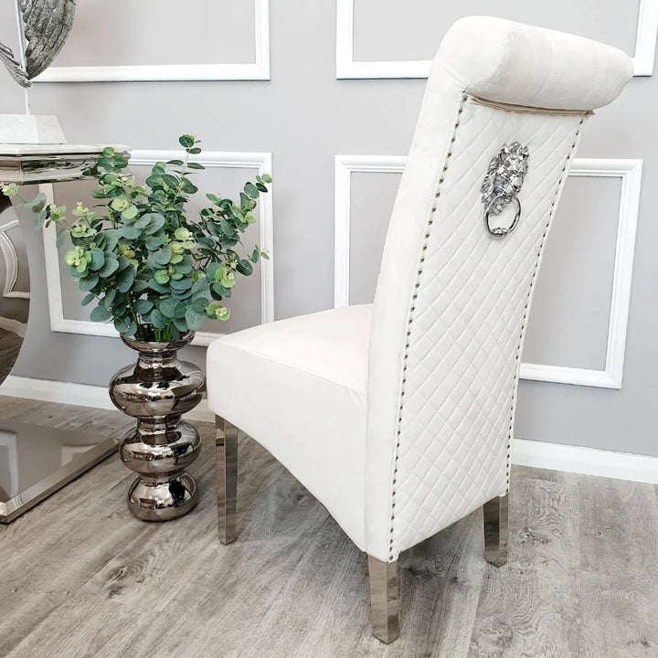 Arial Marble & Chrome Dining Table With Lucy Slim Quilted Lion Knocker Velvet Chairs