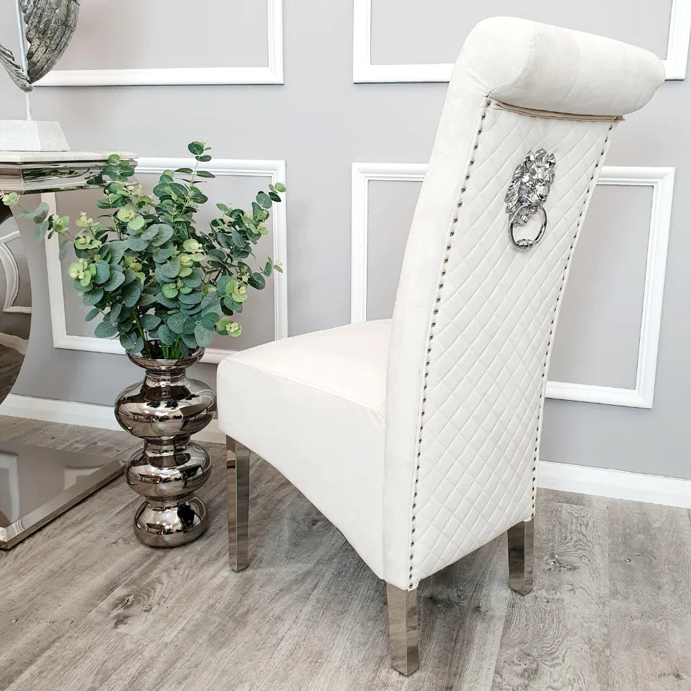Lucy French Velvet Lion Knocker Quilted Emma Dining Chair With Chrome Legs In 3 Colours