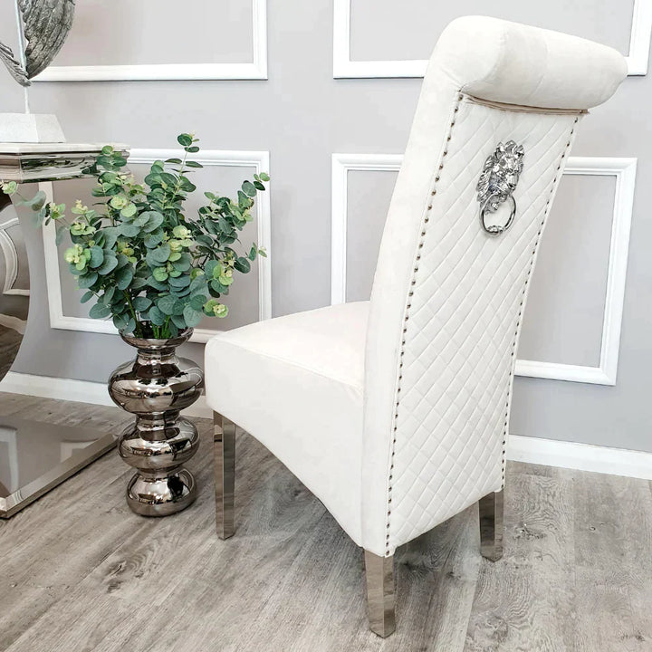 Louis 160CM Marble & Chrome Dining Table With Lucy Slim Quilted Lion Knocker Velvet Chairs