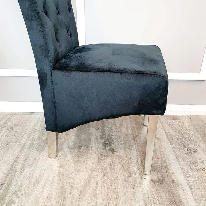 Arial Marble & Chrome Dining Table With Lucy Slim Quilted Lion Knocker Velvet Chairs