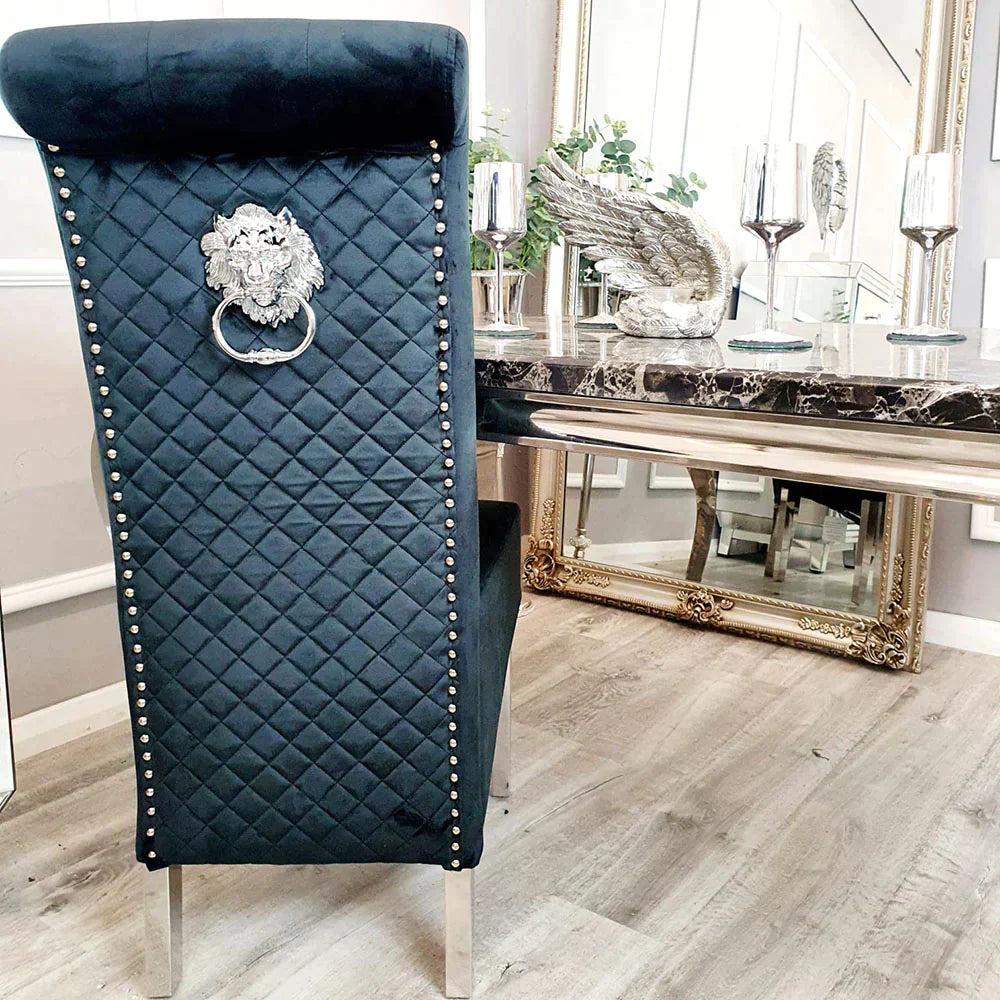 Arial 200cm Marble & Chrome Dining Table With Lucy Slim Quilted Lion Knocker Velvet Chairs