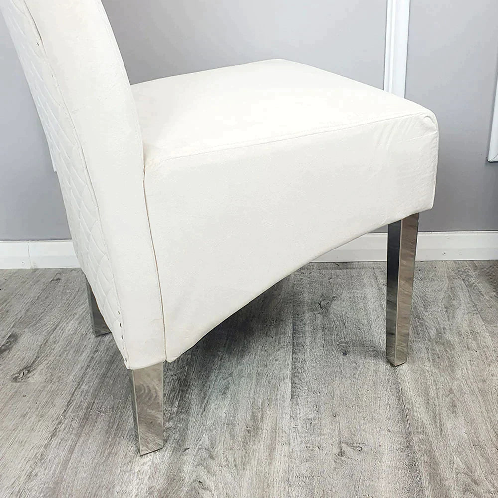 Arial 180cm Marble & Chrome Dining Table With Lucy Slim Quilted Lion Knocker Velvet Chairs