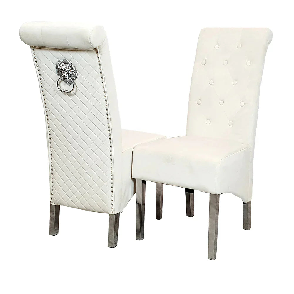 Arial Marble & Chrome Dining Table With Lucy Slim Quilted Lion Knocker Velvet Chairs