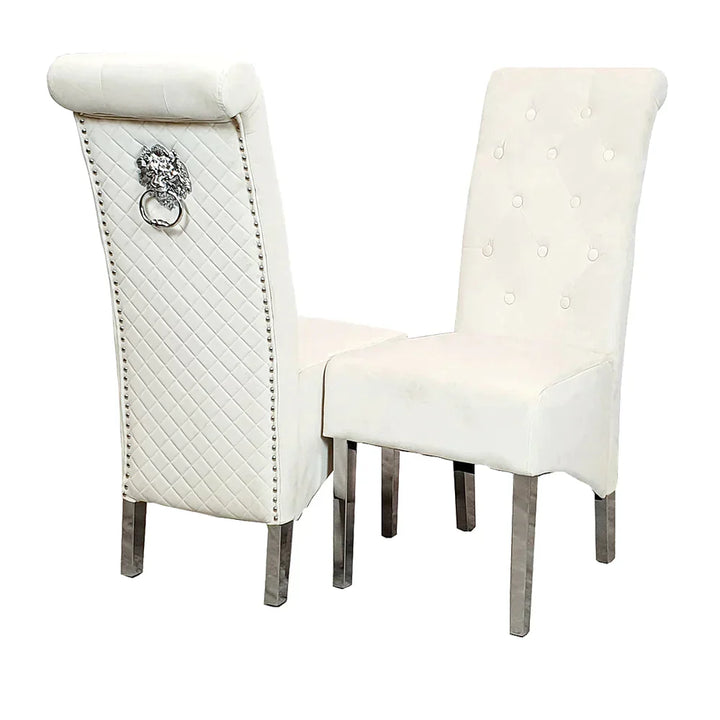 Louis 120CM Marble & Chrome Dining Table With Lucy Slim Quilted Lion Knocker Velvet Chairs