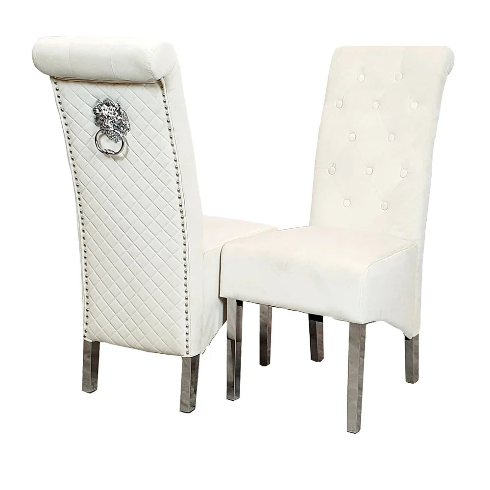 Louis 130cm Marble Round Dining Table + Lucy Slim Quilted Lion Dining Chairs