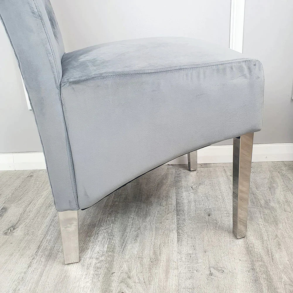 Sophia Grey French Velvet Lion Knocker Quilted Dining Chair With Chrome Legs-Esme Furnishings