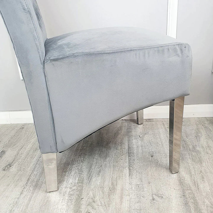 Sophia Grey French Velvet Lion Knocker Quilted Dining Chair With Chrome Legs-Esme Furnishings