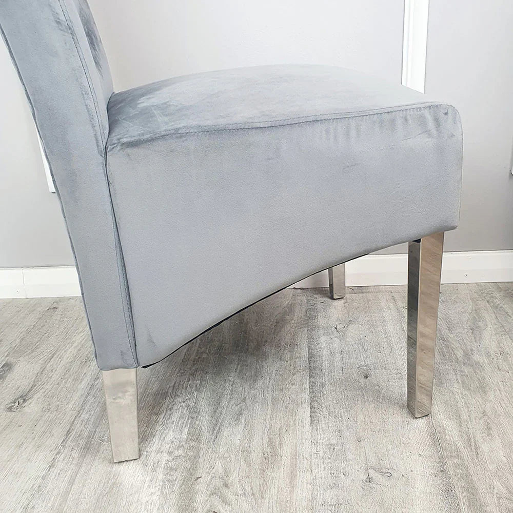 Elina 180cm Marble & Chrome Dining Table With Lucy Quilted Lion Knocker Velvet Chrome Chairs